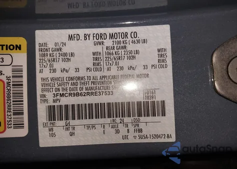 2024 Ford Bronco Sport Big Bend z USA, uszkodzony, nr VIN 3FMCR9B62RRE37533